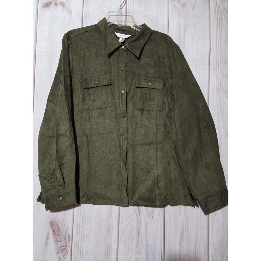 Christopher & Banks Jacket Womens XL Green Faux Suede Lined Snap Front
